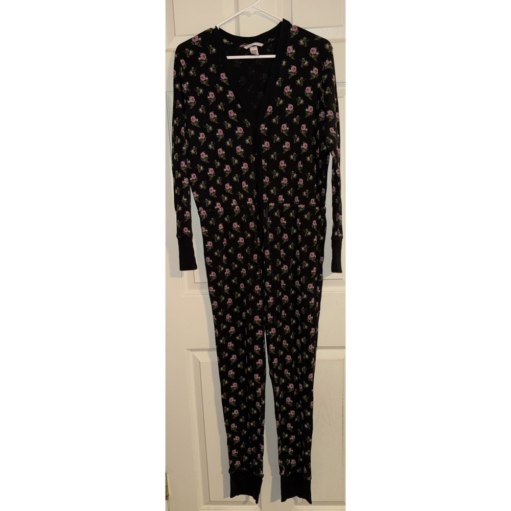 Victoria's Secret Black Rose Print Thermal One Piece PJs Jumper Sz M